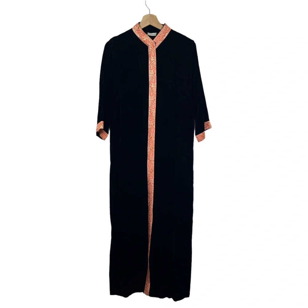 Vtg 60s G. Fox & CO‎ Lounge Wear Caftan Robe Black Orange Gold Velour Zip Sz S/M